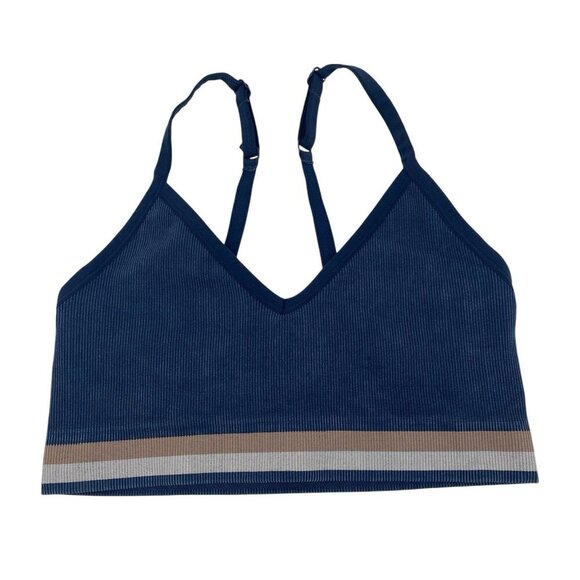 SPANX Seamless Soft Stretch Sports Bra Size M Midnight Navy Blue Ribbed - Picture 1 of 6